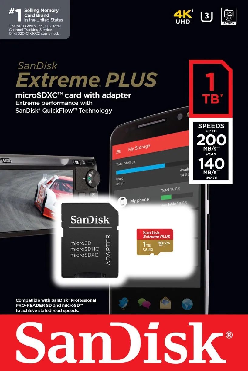 1TB microSDXC UHS-I Memory Card SanDisk Extreme PLUS 1TB microSDXC UHS-I Memory Card  | 200MB/sec. read speed,  140MB/sec. write speed | UHS-I Class 10 U3 V30 | Gold Color Category | SDSQXBD-1T00-AN6MA