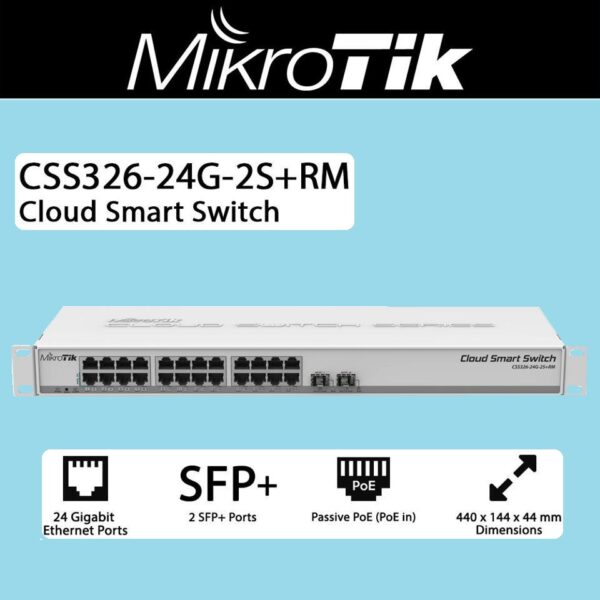 CSS326-24G-2S+RM Mikrotik Managed Gigabit Switch Mikrotik CSS326-24G-2S+RM Managed Gigabit Ethernet Supports Power Over Ethernet (PoE) 1U Network Switch, 2x SFP, White