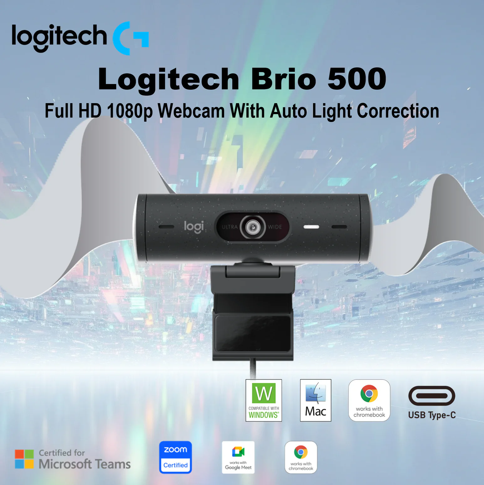 960-001424 Logitech Brio 500 Full HD Webcam Logitech Brio 500 Full HD Webcam with Auto Light Correction, Show Mode, Dual Noise Reduction Mics, Privacy Cover, Works with Microsoft Teams, Google Meet, Zoom, USB-C Cable - Black Logitech Brio 500 Full HD 1080p Webcam With Auto Light Correction RightLight 4, Auto-Framing RightSight, Show Mode, Dual Noise Reduction Mics, Privacy Cover, Compatible with USB-C Devices Windows / macOS / ChromeOS / Nintendo Switch 2 Console | Graphite 
