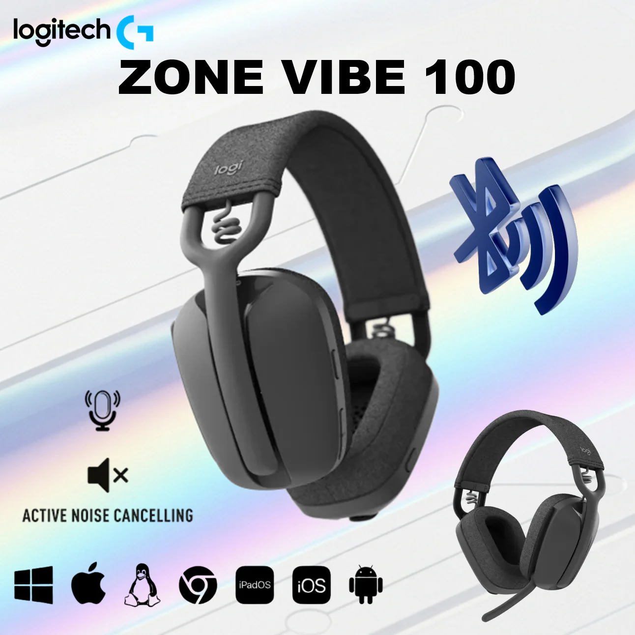 981-001216 Zone Vibe 100 Wireless Over Ear Headphones Logitech Zone Vibe 100 Lightweight Wireless Over Ear Headphones with Noise Canceling Microphone, Advanced Multipoint Bluetooth Headset, Works with Teams, Google Meet, Zoom, Mac/PC - Graphite Logitech Zone Vibe 100 Lightweight Wireless Over-Ear Headphones With Noise Canceling Microphone, 40mm Drivers, Multipoint Bluetooth, 20H Battery, Works With Teams, Zoom, Google Meet, Windows/ macOS/ ChromeOS/ iOS/ Android | Graphite