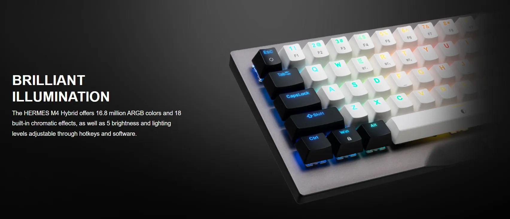 HERMES-M4-HYBRID HERMES HYBRID MECHANICAL GAMING KEYBOARD GAMDIAS HERMES M4 HYBRID 60% MECHANICAL GAMING KEYBOARD WITH RED SWITCH | WIRELESS or WIRED CONNECTIVITY | DUAL COLOR WAY KEY CAPS | ANTI-GHOSTING WITH N-KEYWARE MACRO KEYS | METAL PANEL FINISH 
