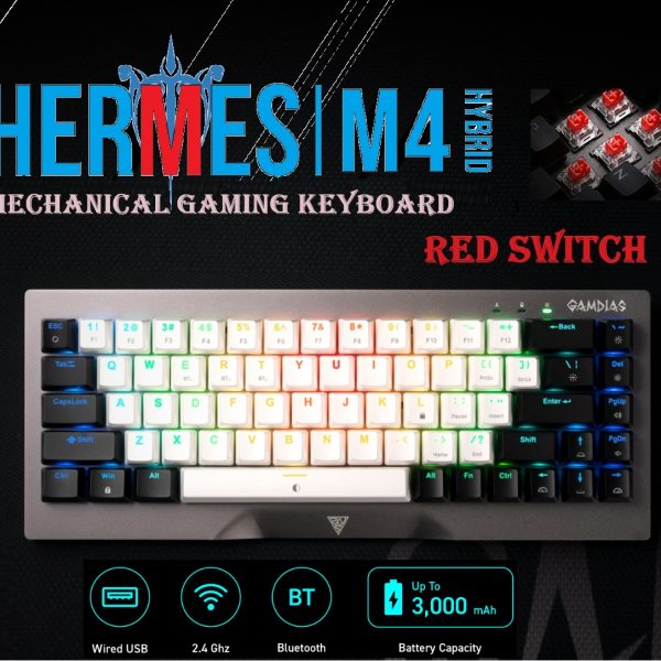 HERMES-M4-HYBRID HERMES HYBRID MECHANICAL GAMING KEYBOARD GAMDIAS HERMES M4 HYBRID 60% MECHANICAL GAMING KEYBOARD WITH RED SWITCH | WIRELESS or WIRED CONNECTIVITY | DUAL COLOR WAY KEY CAPS | ANTI-GHOSTING WITH N-KEYWARE MACRO KEYS | METAL PANEL FINISH 