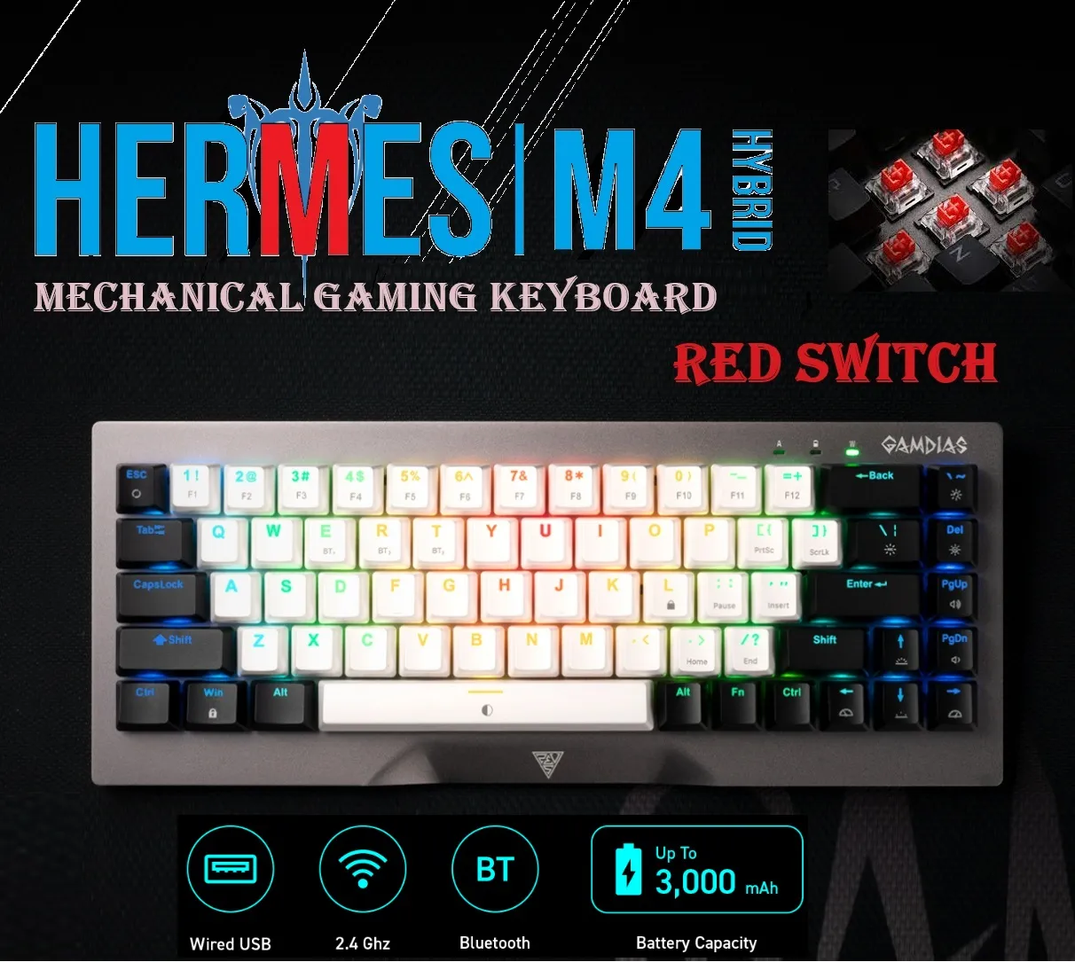 HERMES-M4-HYBRID HERMES HYBRID MECHANICAL GAMING KEYBOARD GAMDIAS HERMES M4 HYBRID 60% MECHANICAL GAMING KEYBOARD WITH RED SWITCH | WIRELESS or WIRED CONNECTIVITY | DUAL COLOR WAY KEY CAPS | ANTI-GHOSTING WITH N-KEYWARE MACRO KEYS | METAL PANEL FINISH 