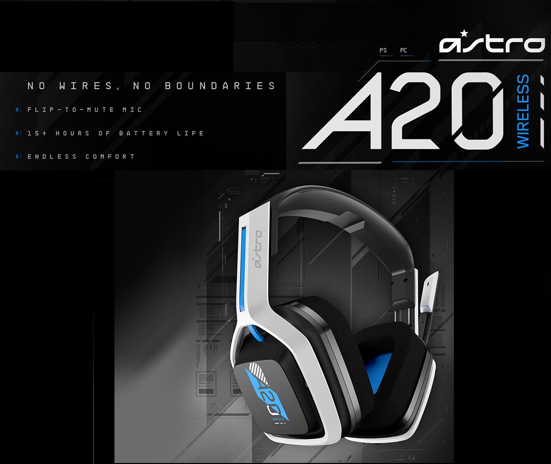 ASTRO-A20-WH ASTRO Gaming A20 Wireless Headset Gen 2 ASTRO Gaming A20 Wireless Headset Gen 2 , 15 meter Wireless Range , On-device Audio Balancing , Flip-to-mute Microphone , Different EQ Presets , for PlayStation 5 and 4, PC & Mac - White/Blue ASTRO-A20-WH ASTRO Gaming A20 Wireless Headset Gen 2 ASTRO Gaming A20 Wireless Headset Gen 2 , 15 meter Wireless Range , On-device Audio Balancing , Flip-to-mute Microphone , Different EQ Presets , for PlayStation 5 and 4, PC & Mac - White/Blue