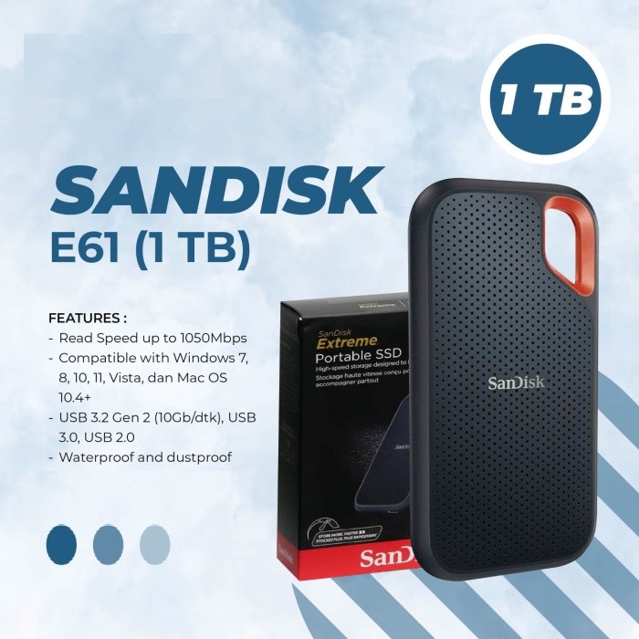 SanDisk 1TB Extreme Portable SSD SanDisk 1TB Extreme Portable SSD - Up to 1050MB/s, USB-C, USB 3.2 Gen 2, IP65 Water and Dust Resistance  - External Solid State Drive - SDSSDE61-1T00-G25