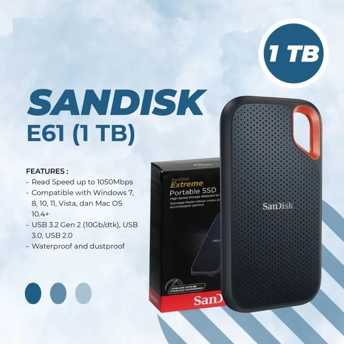 SanDisk 1TB Extreme Portable SSD SanDisk 1TB Extreme Portable SSD - Up to 1050MB/s, USB-C, USB 3.2 Gen 2, IP65 Water and Dust Resistance  - External Solid State Drive - SDSSDE61-1T00-G25