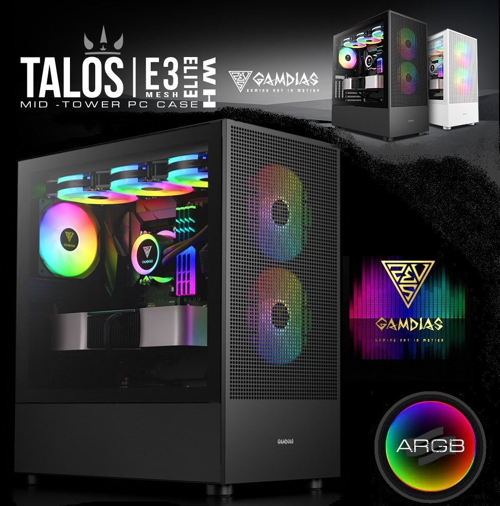 TAL-E3MESH-EL-BK GAMDIAS TALOS E3 MESH ELITE BLACK PC CASE GAMDIAS TALOS E3 MESH ELITE PC CASE , ATX Gaming Computer Cases, Mid Tower, Pre-installed 3 ARGB PWM Fans , Tempered Glass Panel, Airflow Mesh, Support Dual 360 - BLACK TAL-E3MESH-EL-BK GAMDIAS TALOS E3 MESH ELITE BLACK PC CASE GAMDIAS TALOS E3 MESH ELITE PC CASE , ATX Gaming Computer Cases, Mid Tower, Pre-installed 3 ARGB PWM Fans , Tempered Glass Panel, Airflow Mesh, Support Dual 360 - BLACK