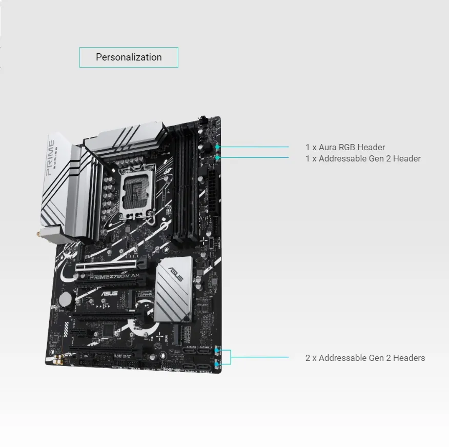 Motherboard DDR5 LGA1700 Intel Core 14th 13th 12th Gen ASUS PRIME Z790-V AX Motherboard DDR5 LGA1700 Intel Core 14th 13th 12th Gen Processors , 4 x DIMM slots , PCIe 5.0 Connectivity , Two-way AI Noise Cancellation , Addressable Gen 2 Headers