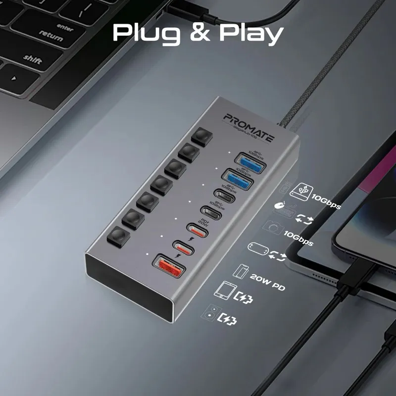 10Gbps Data and Charging Hub Promate GegaHub-10G 7-in-1 High Speed Multi-Ports 10Gbps Data and Charging Hub USB-A & USB-C ports