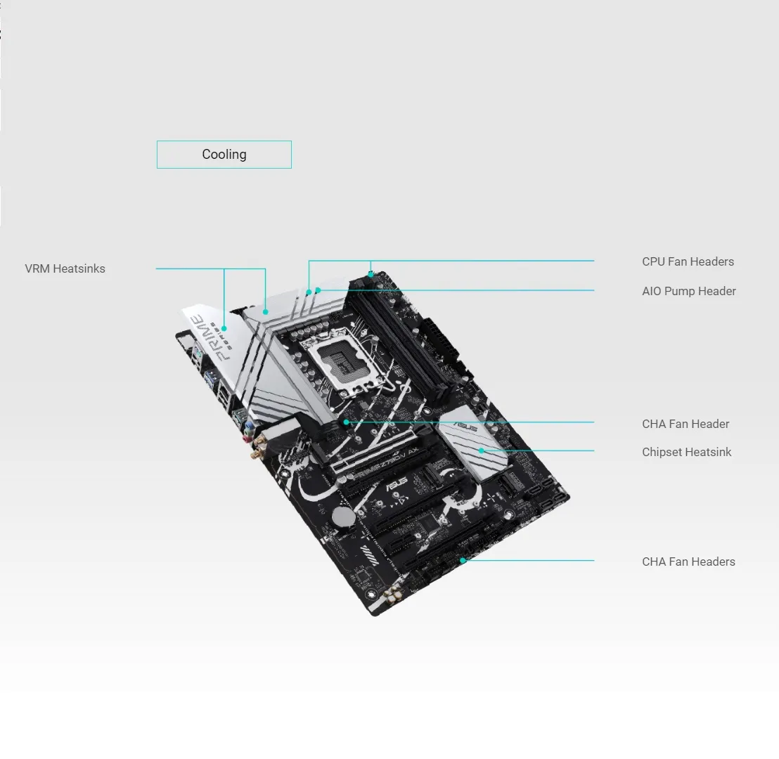 Motherboard DDR5 LGA1700 Intel Core 14th 13th 12th Gen ASUS PRIME Z790-V AX Motherboard DDR5 LGA1700 Intel Core 14th 13th 12th Gen Processors , 4 x DIMM slots , PCIe 5.0 Connectivity , Two-way AI Noise Cancellation , Addressable Gen 2 Headers