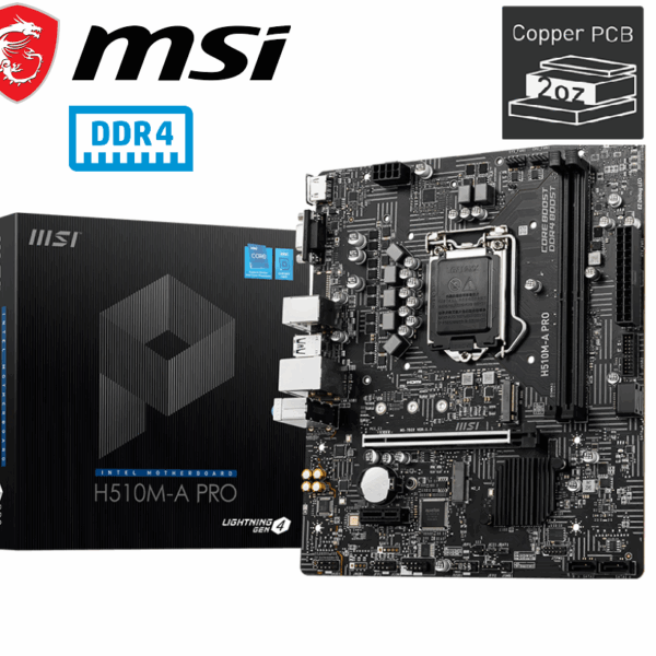 911-7D22-079 MSI H510M A Pro Motherboard DDR4 Micro ATX MSI H510M-A Pro Motherboard DDR4 Micro-ATX - Supports Intel Core 11Th Gen Processors, LGA 1200-2 X Dimms (3200Mhz), 1 X PCIe 4.0 X16, 1 X M.2 Gen3, USB 3.2 Gen1, 1G LAN, HDMI 2.0B