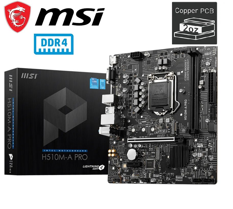 911-7D22-079 MSI H510M A Pro Motherboard DDR4 Micro ATX MSI H510M-A Pro Motherboard DDR4 Micro-ATX - Supports Intel Core 11Th Gen Processors, LGA 1200-2 X Dimms (3200Mhz), 1 X PCIe 4.0 X16, 1 X M.2 Gen3, USB 3.2 Gen1, 1G LAN, HDMI 2.0B 911-7D22-079 MSI H510M A Pro Motherboard DDR4 Micro ATX MSI H510M-A Pro Motherboard DDR4 Micro-ATX - Supports Intel Core 11Th Gen Processors, LGA 1200-2 X Dimms (3200Mhz), 1 X PCIe 4.0 X16, 1 X M.2 Gen3, USB 3.2 Gen1, 1G LAN, HDMI 2.0B