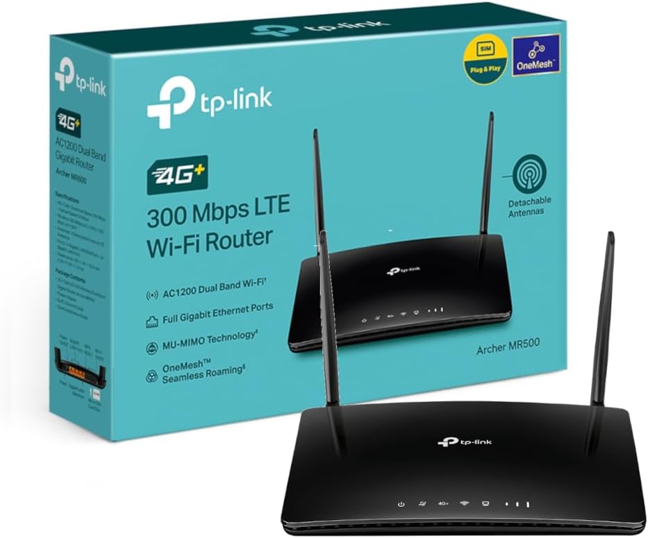 ARCHER-MR500 AC1200 Mbps 4G Cat6 Dual Band WiFi LTE Router TP-Link AC1200 Mbps 4G+ Cat6 Wireless Dual Band Gigabit Router, 4G Network Nano SIM Slot Unlocked, with MU-MIMO technology, No Configuration required, Guest & Parental Control  (Archer MR500)