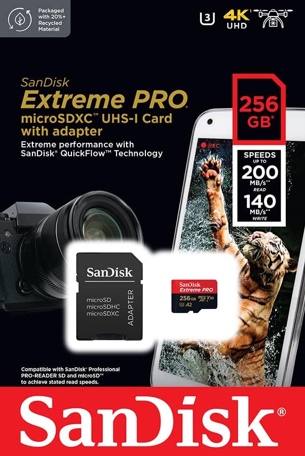 SDSQXCD-256G-GN6MA SanDisk 256GB Extreme PRO microSD UHS-I Card SanDisk 256GB Extreme PRO® microSD™ UHS-I Card with Adapter C10, U3, V30, A2, 200MB/s Read 140MB/s Write SDSQXCD-256G-GN6MA