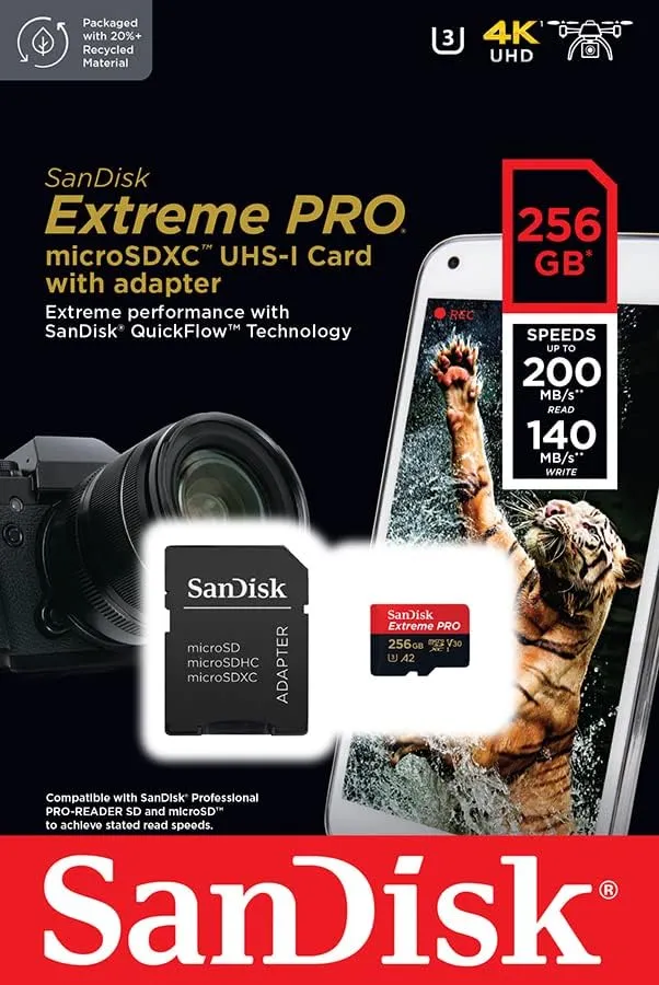 SDSQXCD-256G-GN6MA SanDisk 256GB Extreme PRO microSD UHS-I Card SanDisk 256GB Extreme PRO® microSD™ UHS-I Card with Adapter C10, U3, V30, A2, 200MB/s Read 140MB/s Write SDSQXCD-256G-GN6MA