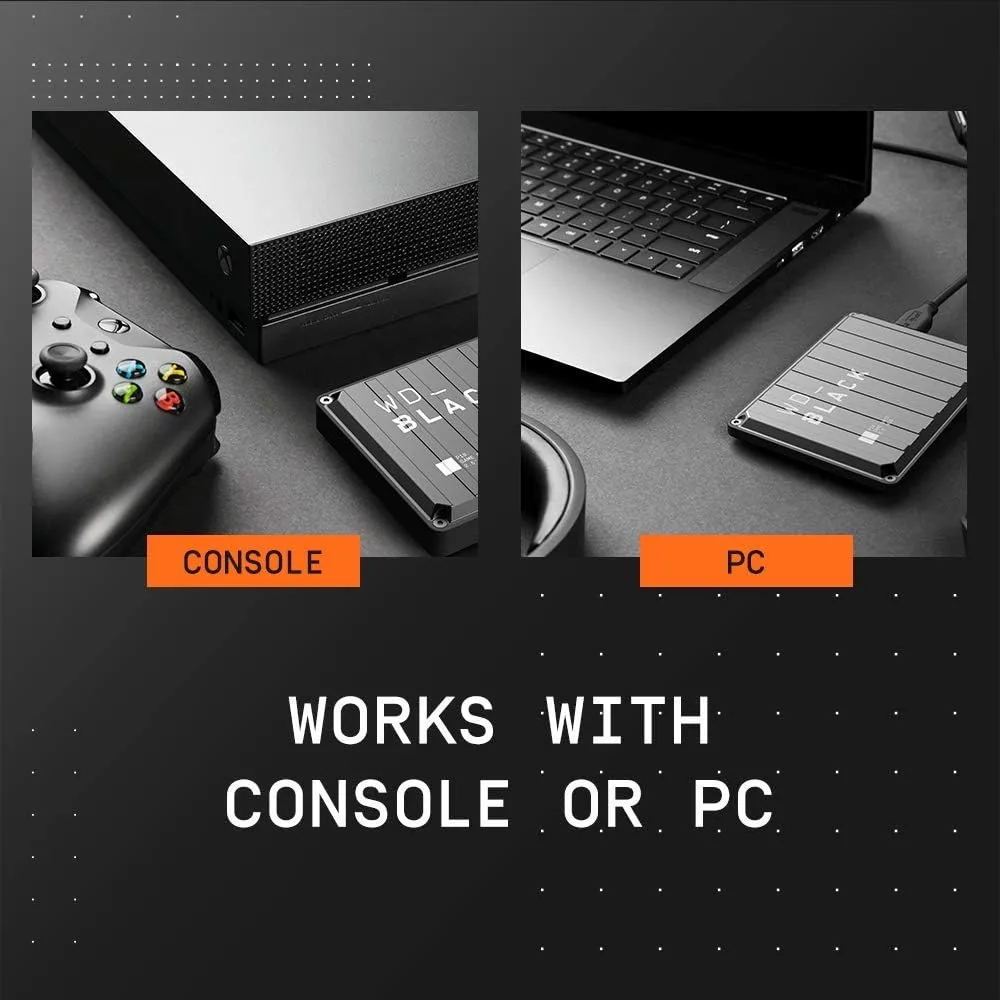 WDBA3A0050BBK-0A 5TB P10 Game Drive Portable External HDD WD_BLACK 5TB P10 Game Drive, Portable External Hard Drive, Hold up to 150 Games , Up to 130MB/s Speed , Works with PlayStation, Xbox, & PC - WDBA3A0050BBK-WESN