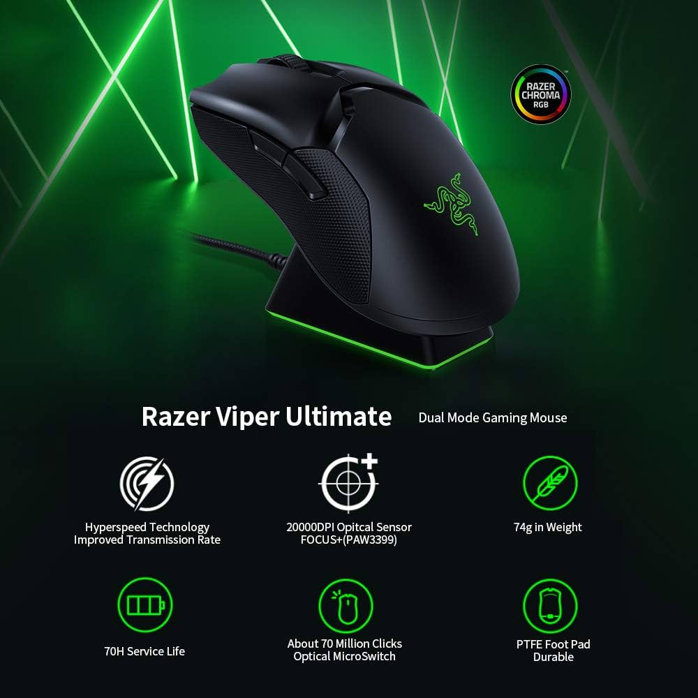 RAZ0103050100R3G1 Razer Viper Ultimate Wireless Gaming Mouse Razer Viper Ultimate Hyperspeed Wireless Gaming Mouse & RGB Charging Dock : Fastest Switch - 20K DPI Optical Sensor - Chroma Lighting - 8 Programmable Buttons - 70 Hr Battery - Black RAZ0103050100R3G1 Razer Viper Ultimate Wireless Gaming Mouse Razer Viper Ultimate Hyperspeed Wireless Gaming Mouse & RGB Charging Dock : Fastest Switch - 20K DPI Optical Sensor - Chroma Lighting - 8 Programmable Buttons - 70 Hr Battery - Black