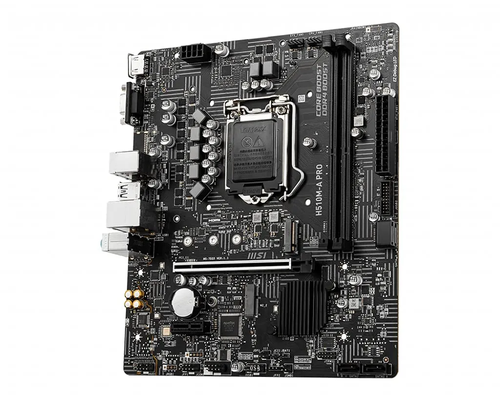 911-7D22-079 MSI H510M A Pro Motherboard DDR4 Micro ATX MSI H510M-A Pro Motherboard DDR4 Micro-ATX - Supports Intel Core 11Th Gen Processors, LGA 1200-2 X Dimms (3200Mhz), 1 X PCIe 4.0 X16, 1 X M.2 Gen3, USB 3.2 Gen1, 1G LAN, HDMI 2.0B