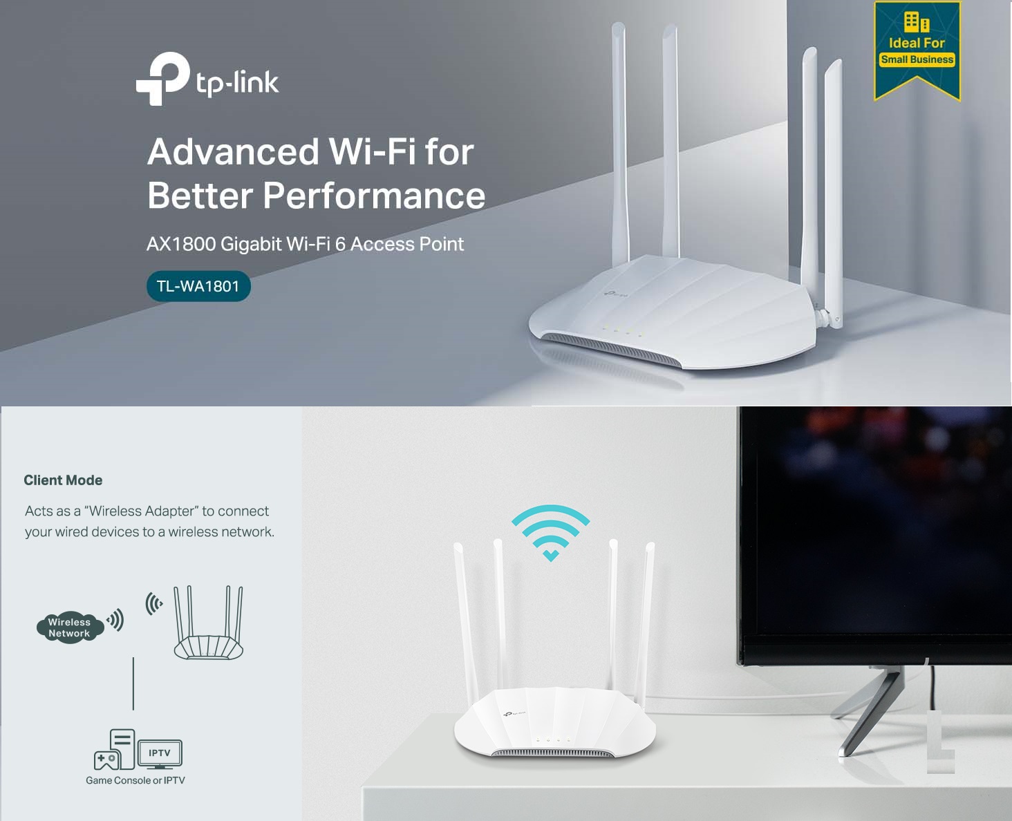 TL-WA1801 AX1800 Dual Band Gigabit WiFi 6 Access Point TP-Link AX1800 Dual Band Gigabit Wi-Fi 6 Access Point (TL-WA1801) Desktop Wi-Fi Bridge HE80 & Beamforming Supports Multi-SSID/Client/Range Extender Mode 4 Fixed Antennas Passive PoE