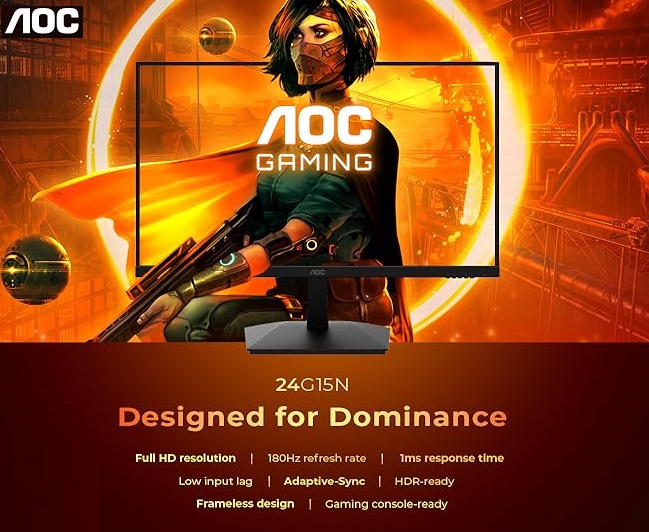 24G15N 24G15 Gaming Monitor 24 inch FHD 180Hz 1ms AOC 24G15 Gaming Monitor 24 inch FHD (1920X1080) 180Hz 1ms , 3-Sided Frameless VA panel , Adaptive-Sync , HDR10 Ready , 116% sRGB Wide Color Gamut - BLACK 24G15N 24G15 Gaming Monitor 24 inch FHD 180Hz 1ms AOC 24G15 Gaming Monitor 24 inch FHD (1920X1080) 180Hz 1ms , 3-Sided Frameless VA panel , Adaptive-Sync , HDR10 Ready , 116% sRGB Wide Color Gamut - BLACK