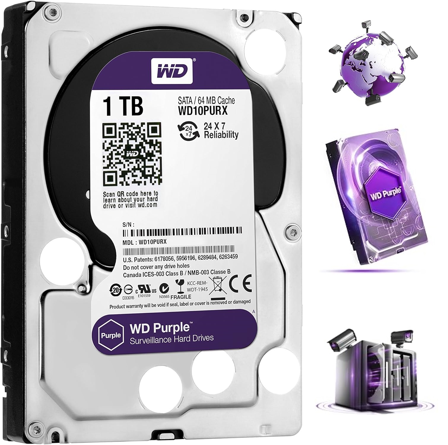WD10PURX-64P6ZY0 WD Purple HDD 1TB Surveillance Hard Disk Drive WD Purple HDD 1TB Surveillance Hard Disk Drive - 5400 RPM Class SATA 6 Gb/s 64MB Cache 3.5 Inch - WD10PURX-64P6ZY0