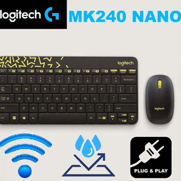 920-008198 Logitech MK240 Nano Wireless Combo Logitech MK240 Nano Wireless USB Keyboard and Mouse Combo , 12 Function Keys 2.4GHz Wireless, 1000DPI, Spill-Resistant Design, Windows® ChromeOS Linux , Black/ English & Arabic