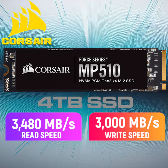 Corsair Force MP510 4TB PCIe M.2 NVMe SSD Maximum Read Speed 3,480 MBs CSSD-F4000GBMP510 MP510 4TB NVMe Speeds of 3480MB CORSAIR Force Series MP510 4TB NVMe PCIe Gen3 x4 M.2 SSD , Blazing Fast Speeds of up to 3,480MB/sec - No Heatsink - Black, CSSD-F4000GBMP510