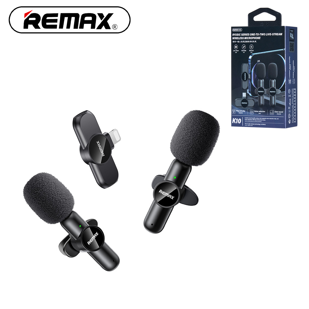 REMAX-K10-IPHONE Wireless Lavalier Microphone Lightening REMAX K10 2.4GHz Wireless Lavalier Microphone Lightening Connector One-to-Two Live-Stream Voice Recording True Noise Reduction Mini Microphone for IOS Devices Compatible with iPhone/iPad
