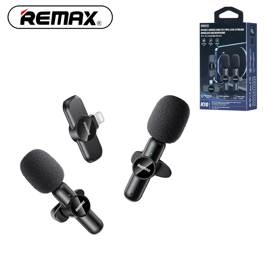 REMAX-K10-IPHONE Wireless Lavalier Microphone Lightening REMAX K10 2.4GHz Wireless Lavalier Microphone Lightening Connector One-to-Two Live-Stream Voice Recording True Noise Reduction Mini Microphone for IOS Devices Compatible with iPhone/iPad