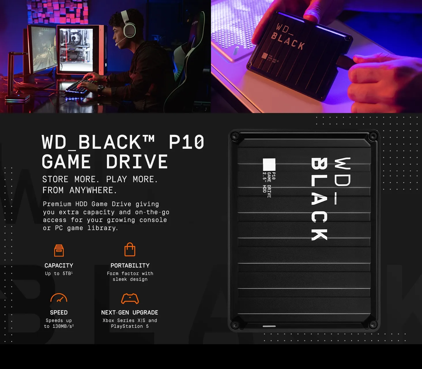 WDBA3A0050BBK-0A 5TB P10 Game Drive Portable External HDD WD_BLACK 5TB P10 Game Drive, Portable External Hard Drive, Hold up to 150 Games , Up to 130MB/s Speed , Works with PlayStation, Xbox, & PC - WDBA3A0050BBK-WESN