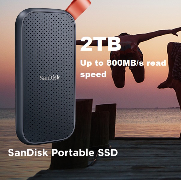 SDSSDE30-2T00-G26 SanDisk 2TB Portable SSD Up to 800MBs USB-C SanDisk 2TB Portable SSD - Up to 800MB/s, USB-C, USB 3.2 Gen 2, Updated Firmware - External Solid State Drive - Drop Resistant up to 6.6' - Integrated Rubber Hook - SDSSDE30-2T00-G26