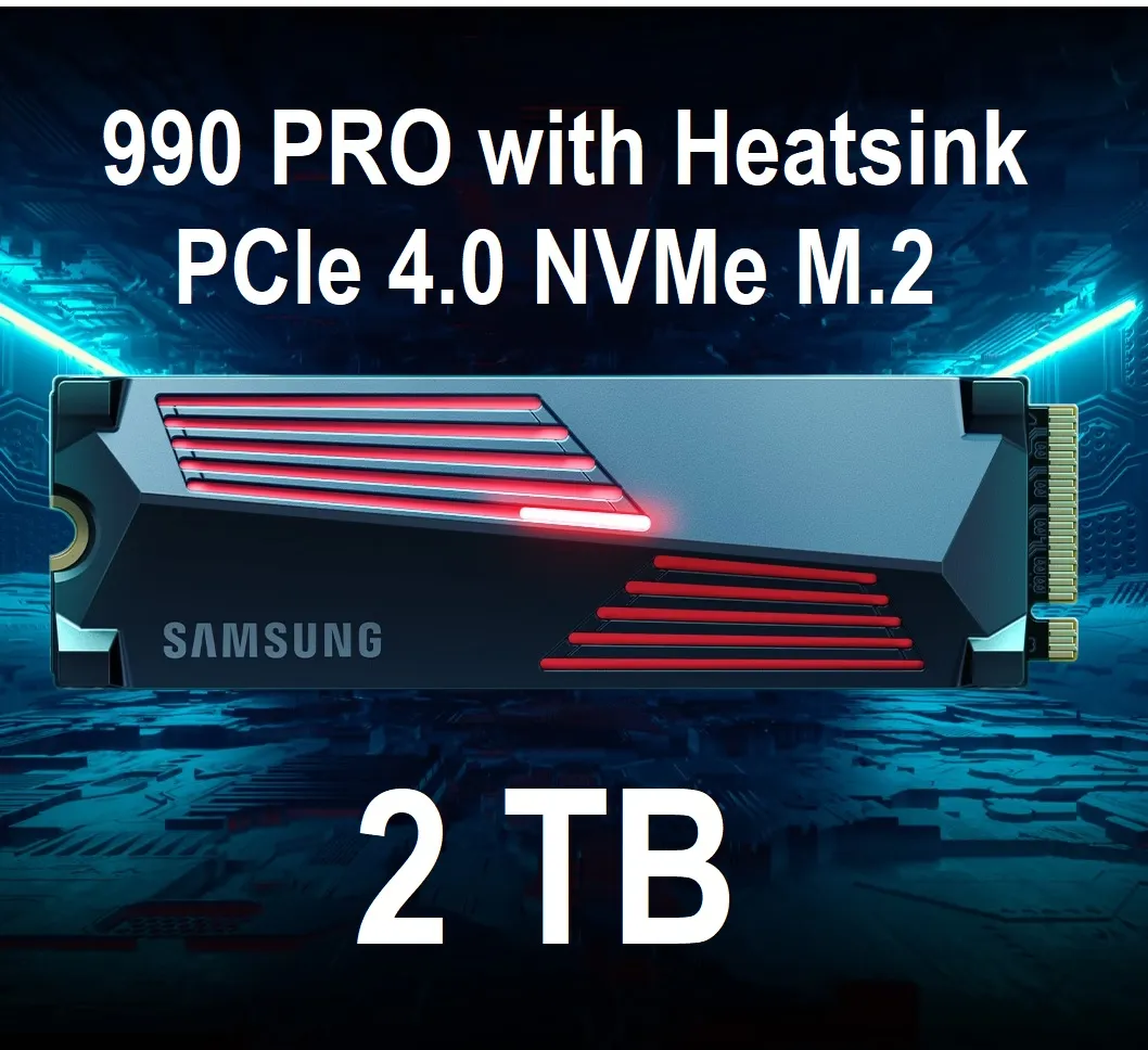 MZ-V9P2T0GW SAMSUNG 990 PRO NVME with Heatsink SSD 2TB SAMSUNG 990 PRO w/ Heatsink SSD 2TB, PCIe PCIe Gen 4.0 x4, NVMe 2.0 Internal Solid State Hard Drive, Seq. Read Speeds Up To 7,450MB/s for High End Computing, Workstations, Compatible w/ PlayStation 5, MZ-V9P2T0GW