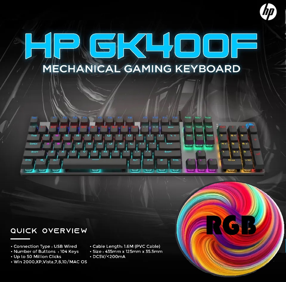 7ZZ93AA#ABM Metal Gaming Mechanical Keyboard Blue Switch HP GK400F RGB Gaming Mechanical Keyboard with Blue Switch , USB Wired 1.6m Cable , 106 Keys , Rust and Scratch Resistant, Silvery Metal Panel , Compatible with Windows & Mac OS 7ZZ93AA#ABM Metal Gaming Mechanical Keyboard Blue Switch HP GK400F RGB Gaming Mechanical Keyboard with Blue Switch , USB Wired 1.6m Cable , 106 Keys , Rust and Scratch Resistant, Silvery Metal Panel , Compatible with Windows & Mac OS