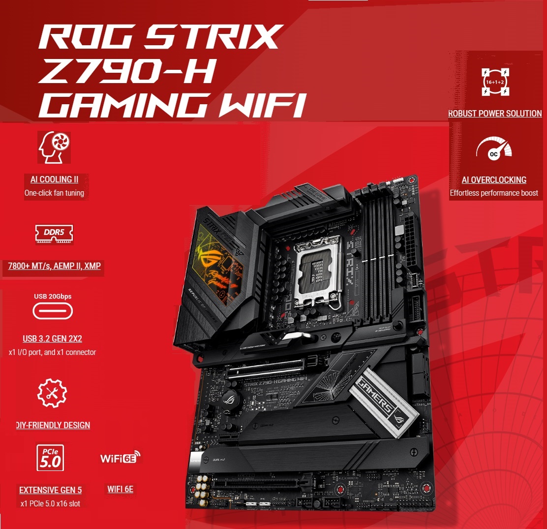ASUS-STRIX-Z790-H-W ROG STRIX Z790-H Gaming WiFi Motherboard DDR5 ASUS ROG STRIX Z790-H Gaming WiFi LGA 1700 Intel14th &13th&12th Gen ATX gaming motherboard (DDR5 up to 7800 MT/s, PCIe 5.0 x16 SafeSlot with Q-Release, 4xPCIe 4.0 M.2 slots ,USB 3.2 Gen 2x2 Type-C, AI Motherboard) ROG STRIX Z790-H Gaming WiFi Motherboard DDR5