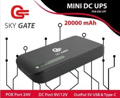 POE-830-LFP Mini UPS Battery Backup Uninterruptible PSU Sky Gate Mini UPS Battery Backup Uninterruptible Power Supply for Router, Modem, Security Camera with Input DC Output DC  9V 12V , Built-in 20000mAh (74Wh) Battery - Black