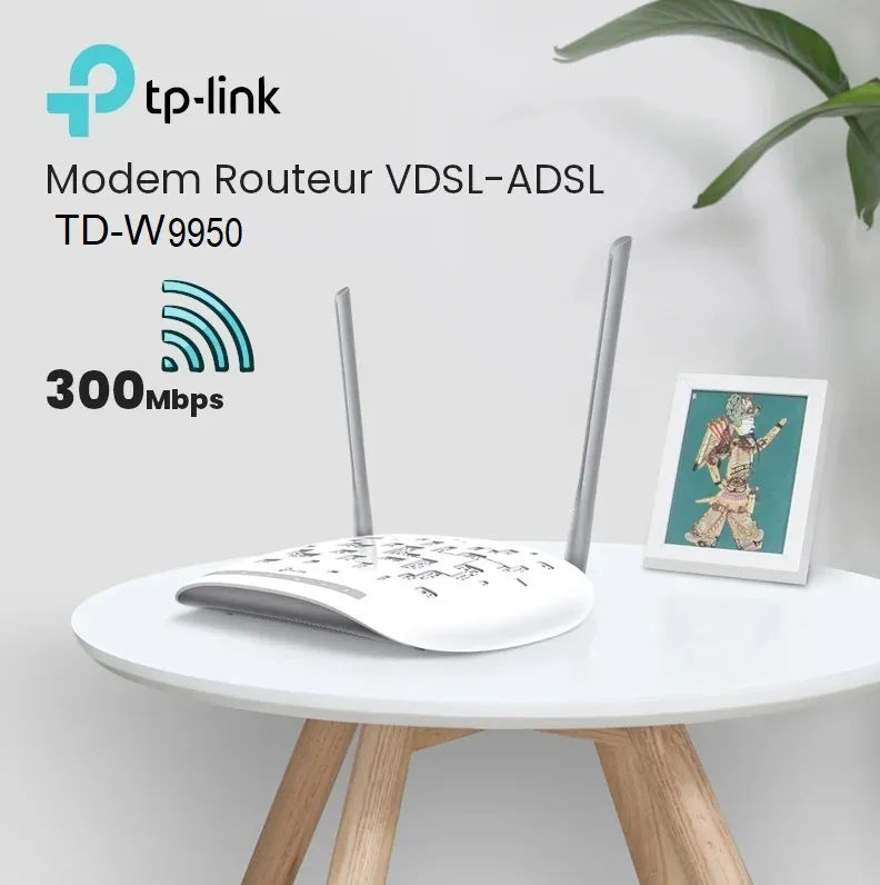 TD-W9950 300 Mbps Wireless VDSL ADSL Modem Router TP-Link 300 Mbps Wireless VDSL/ADSL Modem Router, Single-Band, Broadband Speed Up To 100 Mbps, Versatile Connectivity, 4x Fast Ports, TP-Link Tether App, Easy setup (TD-W9950)
