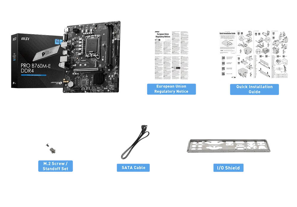 911-7D48-025 MSI PRO B760M-E DDR4 Motherboard Micro ATX MSI PRO B760M-E DDR4 Motherboard, Micro-ATX - Supports Intel 14th, 13th & 12th Gen Core Processors, LGA 1700 - DDR4 Memory Boost 4800+MHz/OC, PCIe 4.0 x16 Slot, M.2 Gen4 Slot
