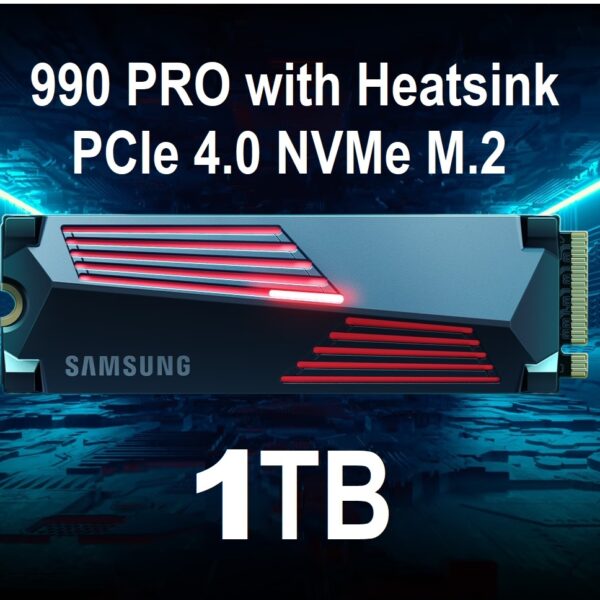 SAMSUNG 990 PRO NVME Plus Heatsink SSD 1TB MZ-V9P1T0GW SAMSUNG 990 PRO NVME with Heatsink SSD 1TB SAMSUNG 990 PRO w/ Heatsink SSD 1TB, PCIe PCIe Gen 4.0 x4, NVMe 2.0 Internal Solid State Hard Drive, Seq. Read Speeds Up To 7,450MB/s for High End Computing, Workstations, Compatible w/ PlayStation 5, MZ-V9P1T0GW