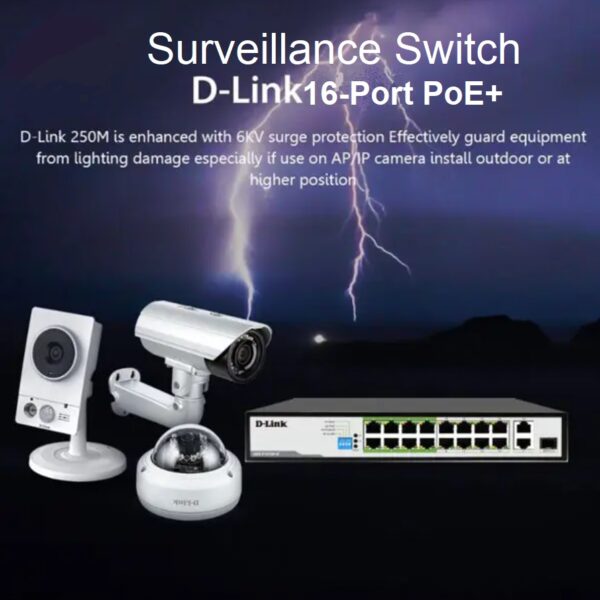 DES-F1016P-E D Link 16 Port Long Range PoE Surveillance Switch D-Link DES-F1016P-E 16-Port 10/100 Long Range PoE Surveillance Switch , Up To 150 Watts Available for PoE , Plug & Play , 250 Meters Transmission , 6KV Lightening protection 