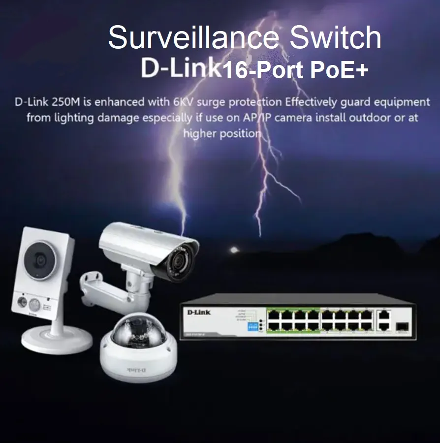 DES-F1016P-E D Link 16 Port Long Range PoE Surveillance Switch D-Link DES-F1016P-E 16-Port 10/100 Long Range PoE Surveillance Switch , Up To 150 Watts Available for PoE , Plug & Play , 250 Meters Transmission , 6KV Lightening protection 