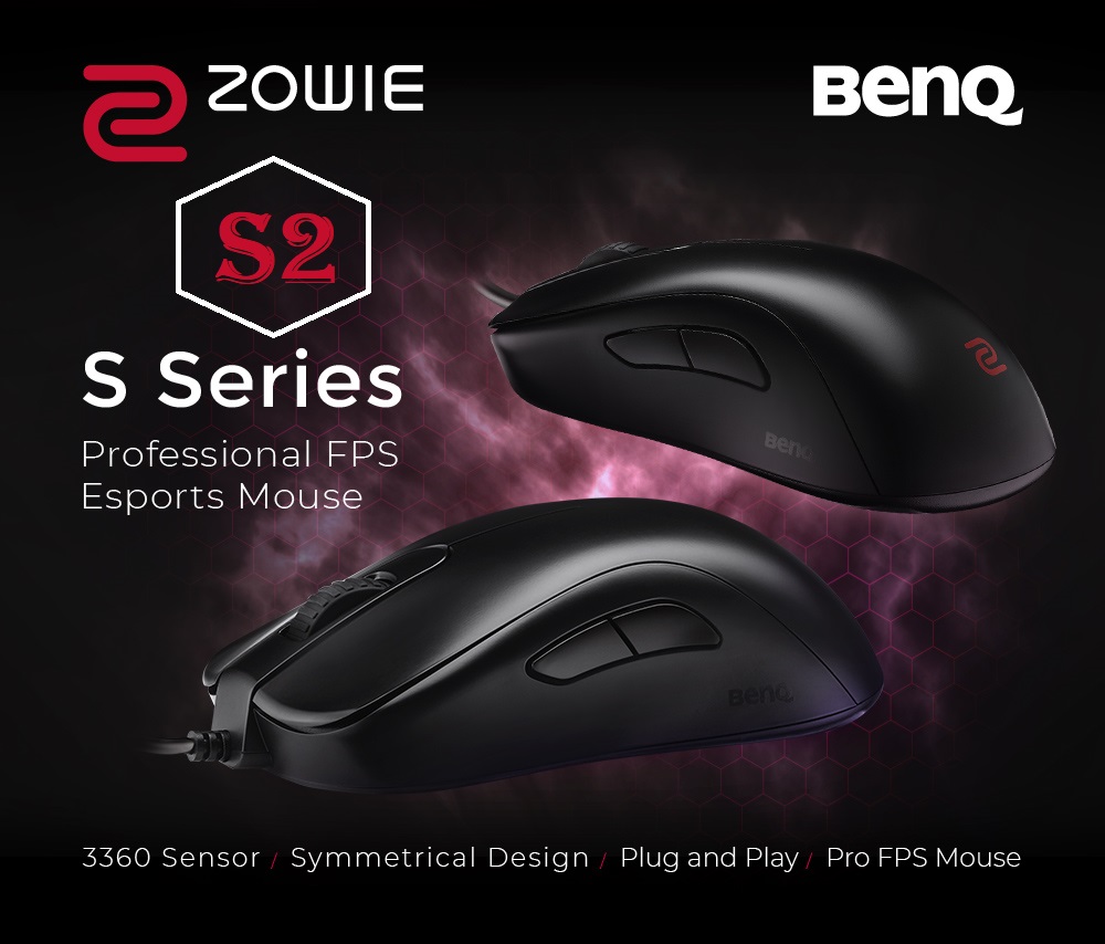 9H.N0HBB.A2E ZOWIE S2 Symmetrical Esports Gaming Mouse BenQ ZOWIE S2 Symmetrical Gaming Mouse for Esports | Professional Grade Performance | Small Size Shorter Overall Design | Driverless; Plug & Play |Optical 3360 Sensor | Matte Black Coating