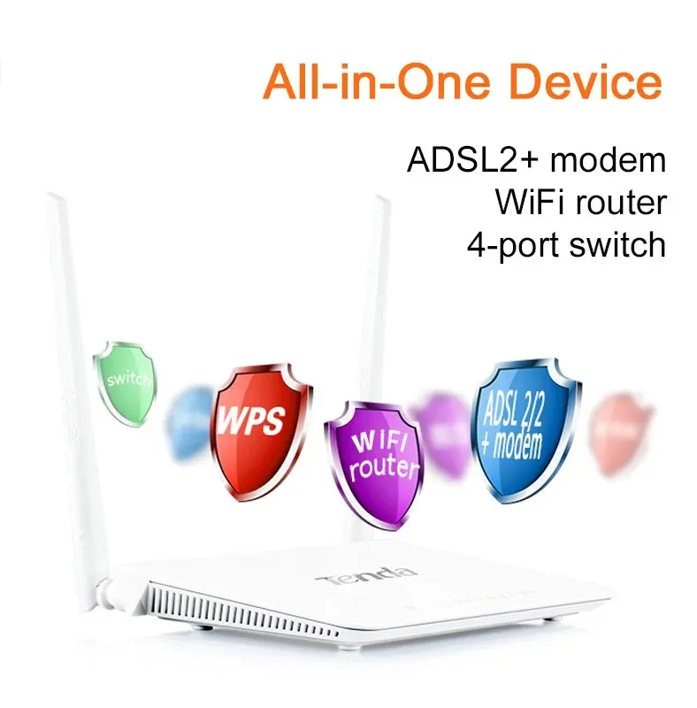 TENDA-D301-V4 TENDA D301 All In One ADSL2 Modem Router TENDA D301 All-In-One ADSL2+ Modem Router & 4 Port Switch Access Point and USB Port - up to 300 Mbps - WPA/WPA2  Protection - Network Products Access Point ADSL