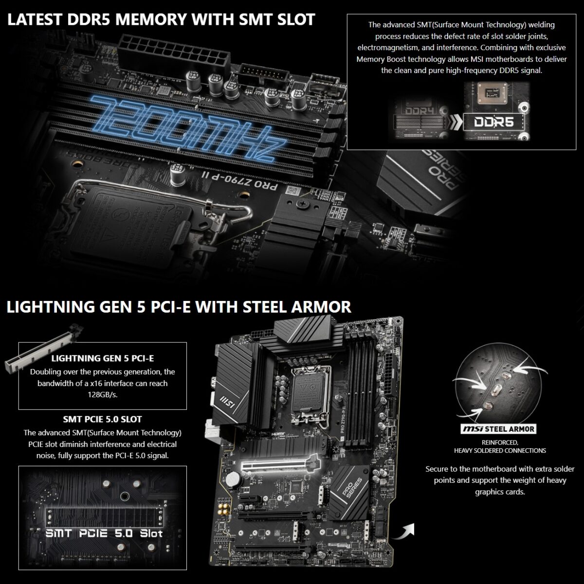 MSI PRO Z790-P II ATX Motherboard With Intel Z790 Chipset, LGA 1700 Support, 4 DIMMs DDR5 7200+MHz OC, PCIe 5.0, 4x M.2 Gen4, 2.5G LAN, USB 20Gbps , for Intel® Core™ 14th/ 13th/ 12th Gen Processors