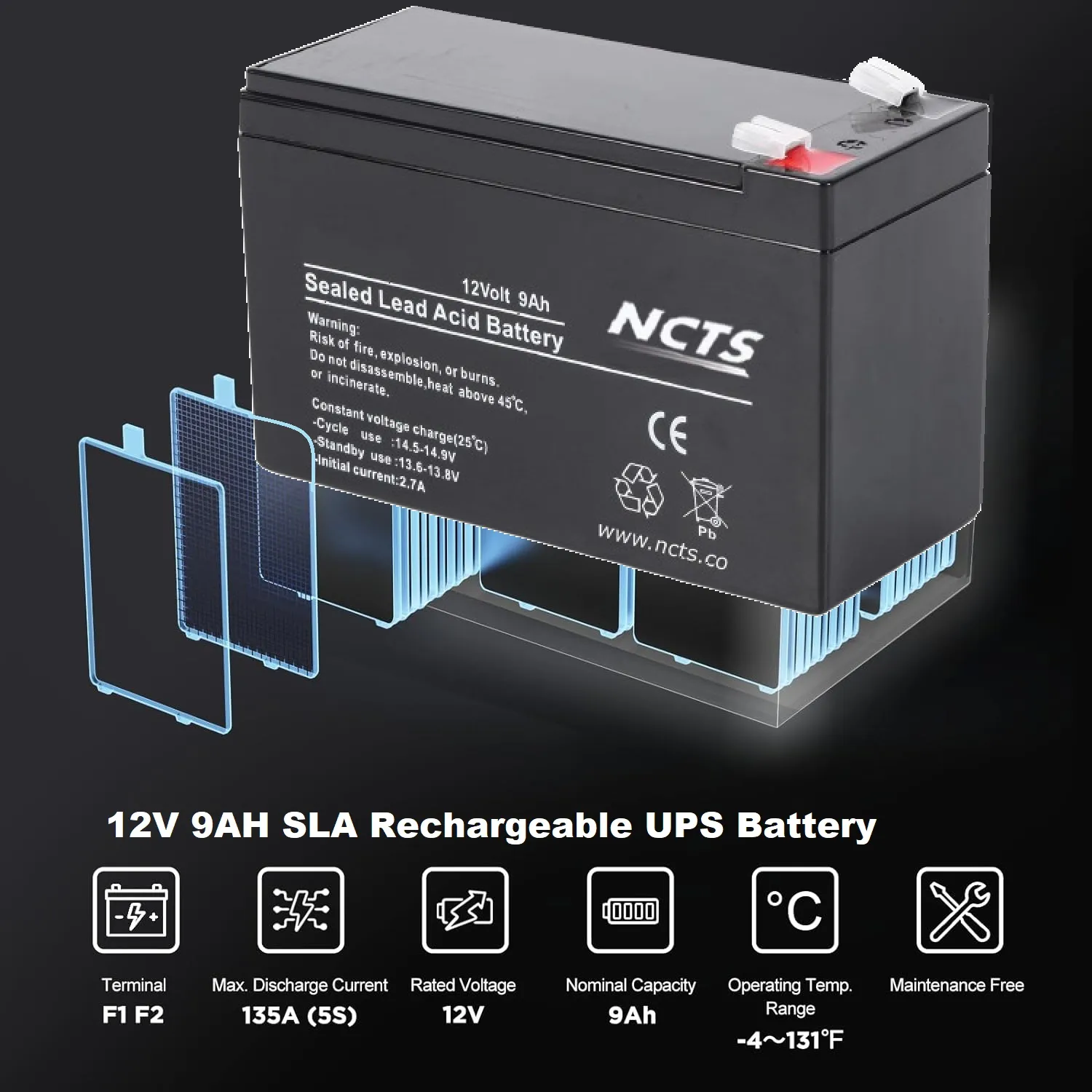 NCTS1290 12V 9AH SLA Rechargeable UPS Battery NCTS1290 Battery 12V 9AH SLA Rechargeable Replacement Battery with T2 Terminal for UPS Back Up  , Electric Scooter, Emergency Lighting, Wheel Chair, and More 