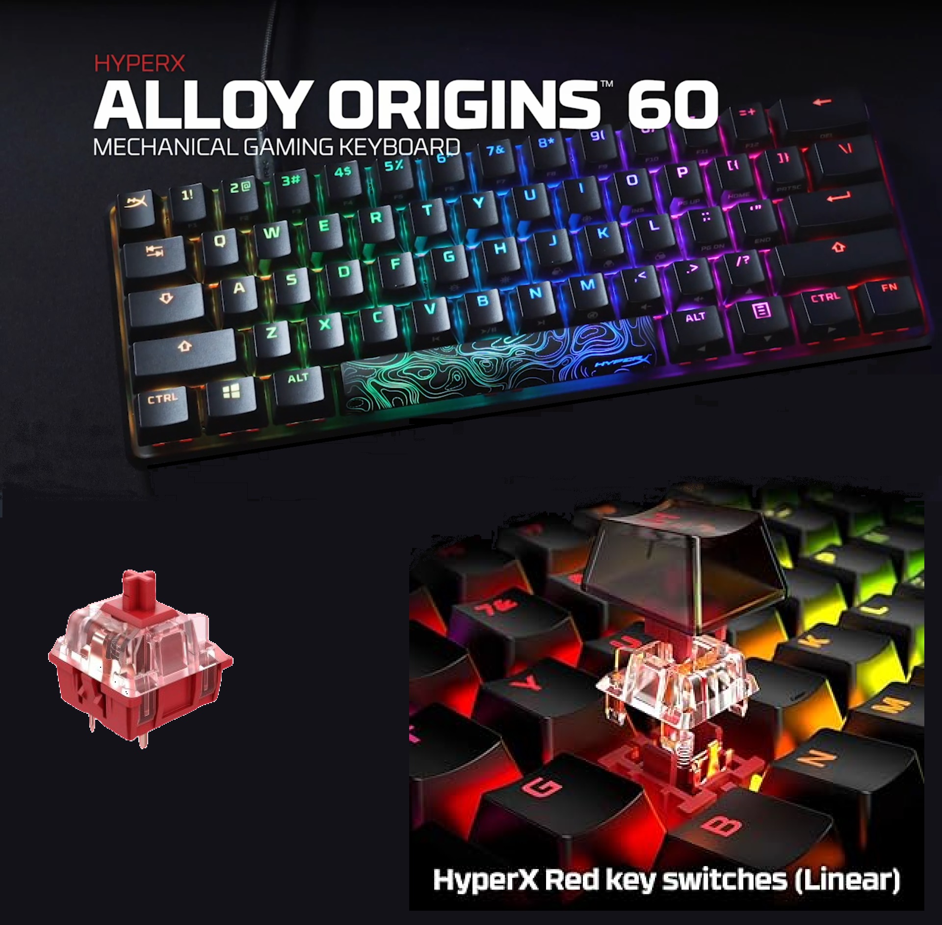 Alloy Origins 60 Mechanical Gaming Keyboard Red Switch 60% (3) 4P5N0AA#ACB Origins 60 Mechanical Gaming Keyboard HyperX Alloy Origins 60 - Mechanical Gaming Keyboard, Ultra Compact 60% Form Factor, Double Shot PBT Keycaps, RGB LED Backlit, NGENUITY Software Compatible - Linear HyperX Red Switch . Black