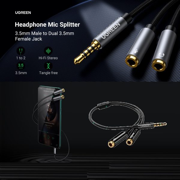 UGREEN-30620 Headphone Splitter 2 Female 1 Male Mic Audio UGREEN Headphone Splitter 3.5mm 2 Female to 1 Male Mic and Audio Y Splitter TRRS Headset Adapter Cable Stereo Compatible with Laptop PS4 Xbox PC Phone Tablet Gaming | UGREEN-30620