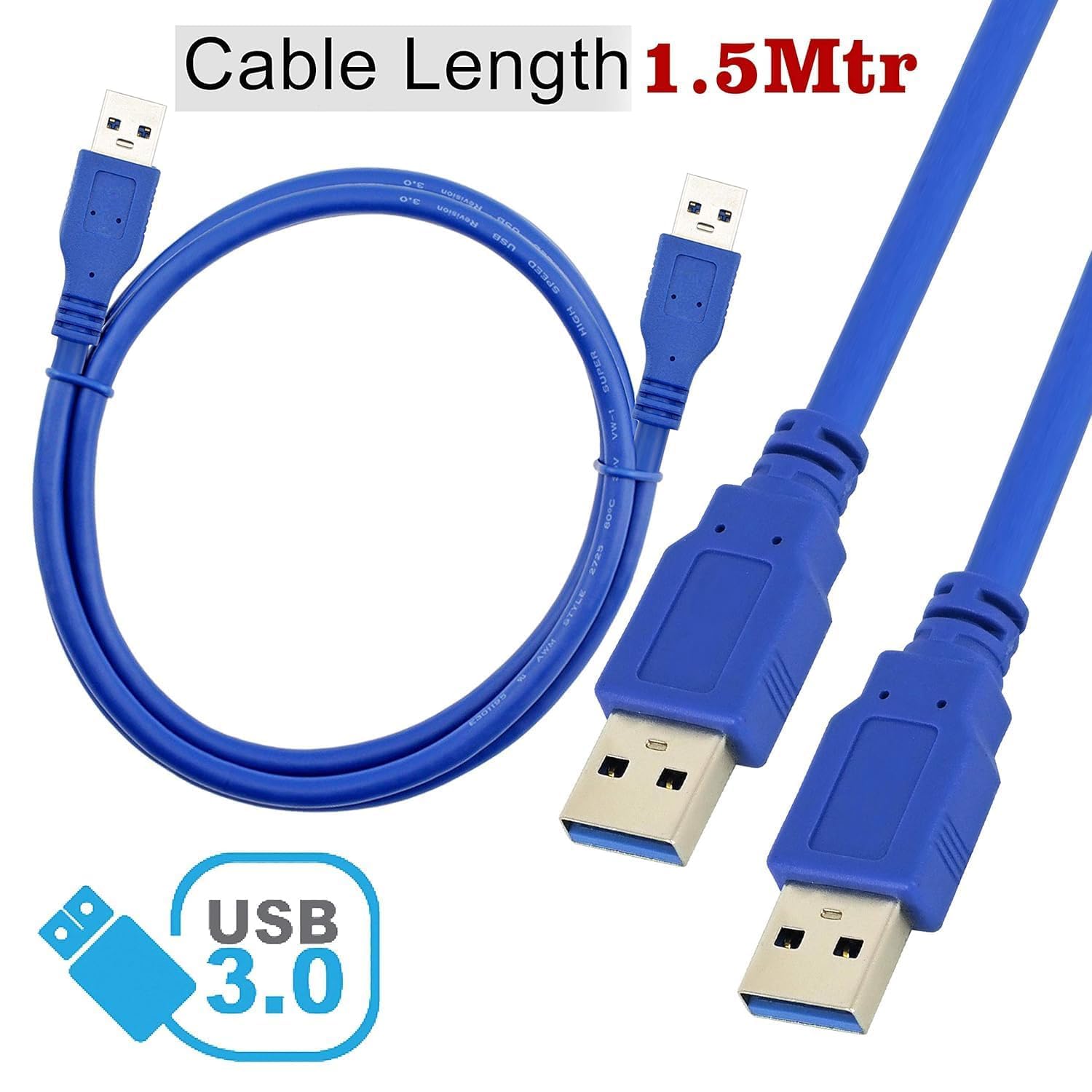 USB-M-M-1.5M-3.0 Cable 150cm USB 3 Type Male to Type A Male Cable 150 cm USB 3.0 Type A Male to Type A Male Peripherals - Fast Data Transfer for Hard Drive Enclosures, Cooling Pad - Double-shielded Durable - Blue