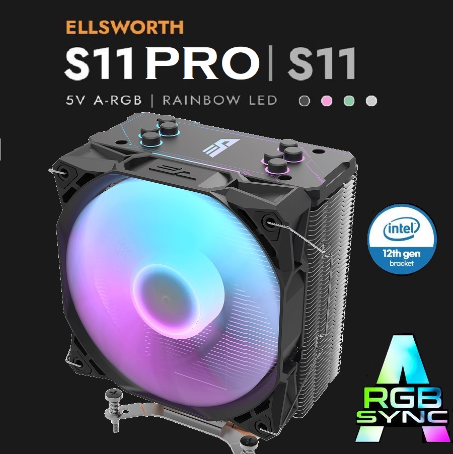 DarkFlash Ellsworth S11 Pro Tower CPU Cooler Argb 120mm PWM (8) S11-PRO-BK Ellsworth S11 Pro Tower CPU Cooler Argb 120mm DarkFlash Ellsworth S11 Pro Tower CPU Cooler, aRGB CPU Fan Coolers 120mm , 4 Heat Pipes, Aluminum Frame, PWM Hydro Bearing Fan, 73.59CFM Air Flow, 158mm Hight , (Intel & AMD), Black
