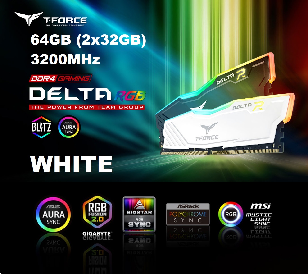 Delta-RGB-DDR4-White-RAM-Kit-32GB-3600MHz-CL18-288-Pin-1-1 (1) TF4D464G3200HC16FDC0 Delta RGB DDR4 White RAM Kit 64GB 3200MHz CL16 TEAMGROUP T-Force Delta RGB DDR4 RAM Kit 64GB (2x32GB) 3200MHz (PC4-28800) CL16 1.35V 288-Pin Desktop Gaming Memory Module - TF4D464G3200HC16FDC01- White
