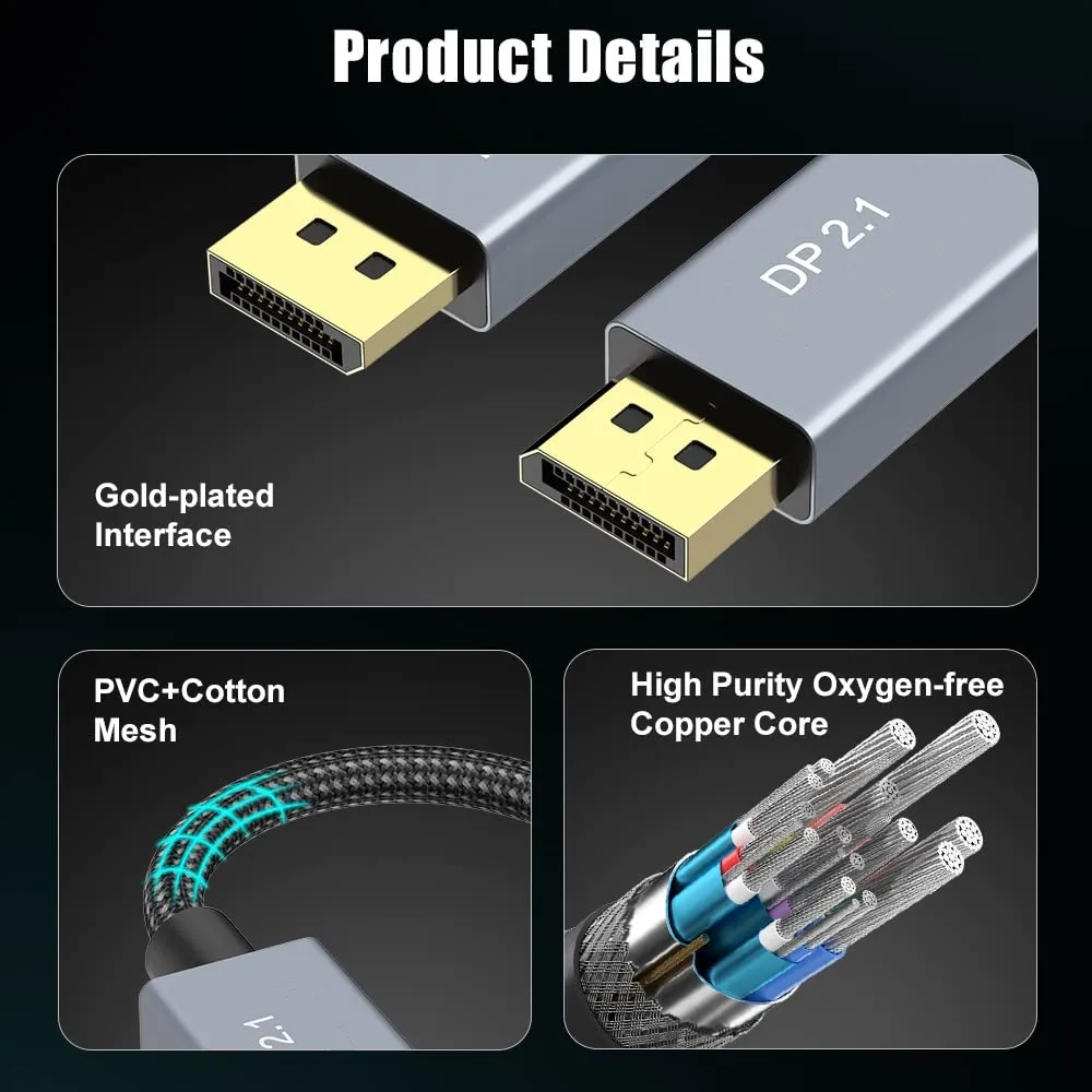 NCTS-DP-1.5M DisplayPort Cable DP80 UHD 2.1V 18K HDR DSC NCTS VESA Certified 80 Gbps DisplayPort 2.1 Cable 1.5 m, DP80 Cable with 16K 60 Hz, 8K 240 Hz, 4K 240 Hz Black with FreeSync, G-SYNC and HDR, DSC  for Gaming Monitor, PC, RTX 4080/4090, RX 7900